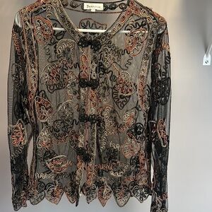 JEANNIE size LARGE sheer BLACK with Gold and Rust  Embroidery Vintage Top.